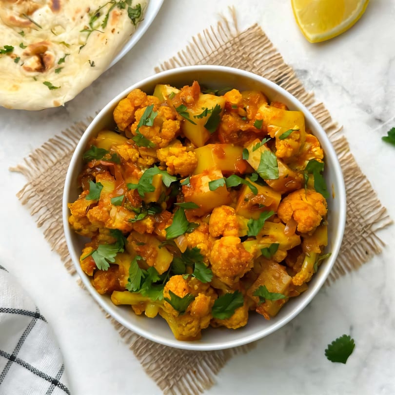 A white bowl of Indian aloo gobi with naan bread and a lemon wedge on a marble surface.