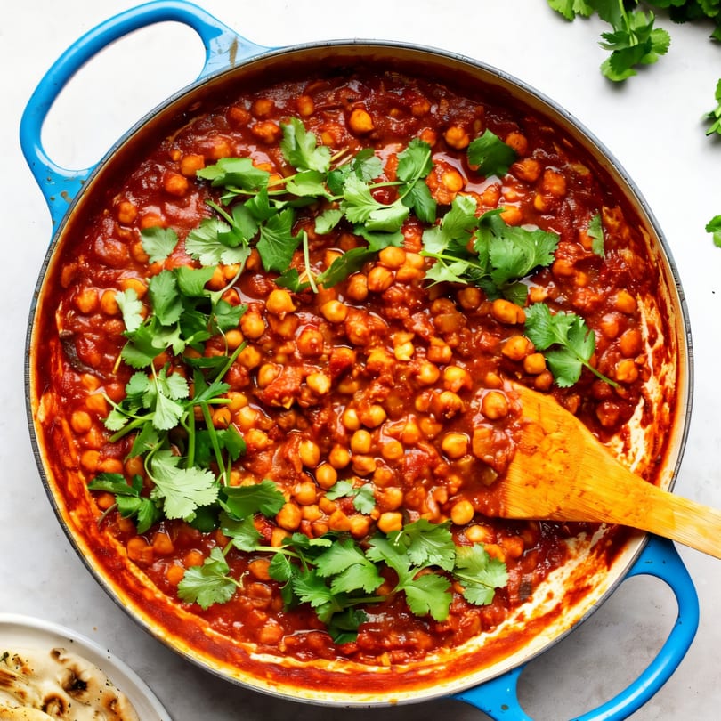 Chana Masala, an Indian chickpea curry, in a blue pot with fresh cilantro and a wooden spoon.